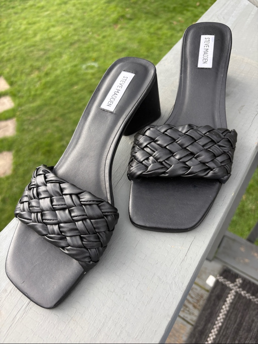Steve Madden Black Braided Block Heel Slides